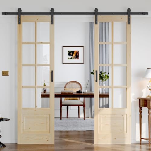 Roymelo Preassembled 48x84 (Double 24x84) Inch Clear Glass French Interior Door with 8Ft Barn Door Hardware Kit Included, Spruce Wood Support DIY Dyeing, Easy Assembly