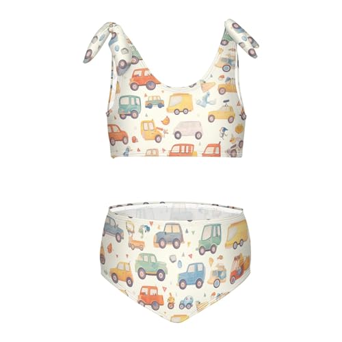 KLL Cartoon Trucks Motorcyles Girl 2 Piece Bikini Set Scoop Neck Swimsuits Swimming Suits Cute Shoulder Strap