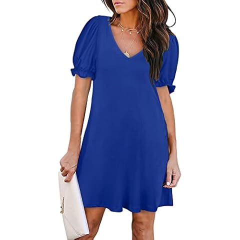 Aloodor Womens Dresses Short Sleeve V Neck Tunic Dress with Pockets Blue M Cover