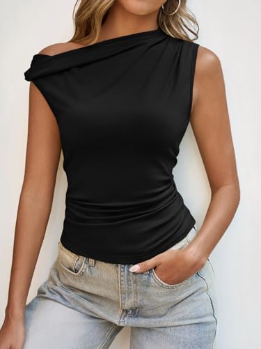 Tankaneo Womens Off The Shoulder Tops Boat Neck Fitted Ruched Shirt Summer Trendy Y2K Going Out Tank Tops2