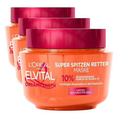 L'Oréal Paris Elvital Anti Spliss Haarmaske für langes, geschädigtes Haar, Intensive Haarkur zum Ausspülen, Mit pflanzlichen Vitaminen und Rizinus-Öl, Dream Length Super Aufbau Maske, 1 x 300 ml