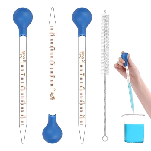 YOFDAL 3 Piezas Pipetas Cuentagotas,Con Graduaciones,Con Bulbo de Goma y Cepillo de limpieza,Para laboratorio,Medicina, Investigación, 10 ml