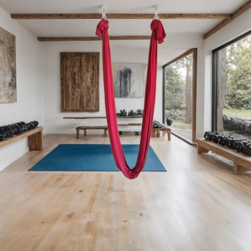 Image of Streetup India Lycra Fabric Aerial Swing /Yoga Hamock With 20 Feet Long Fabric With Carabiner and Ring (Maroon)