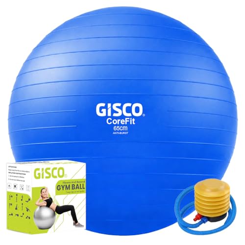 Image of GISCO Anti-Burst Rubber Gym Ball with Free Foot Pump | Color - Sky Blue, Size - 65 cm | Round Shape Swiss Ball for Exercise, Workout, Yoga, Pregnancy, Birthing, Balance & Stability