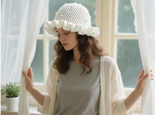 Hshsclth Women Starry Pearl Crochet Hat Handmade Beaded Trim Knitted Bucket Hats Solid Color Fashion Ruffled Brim Bucket Hat (US, Alpha, One Size, White) - image 3