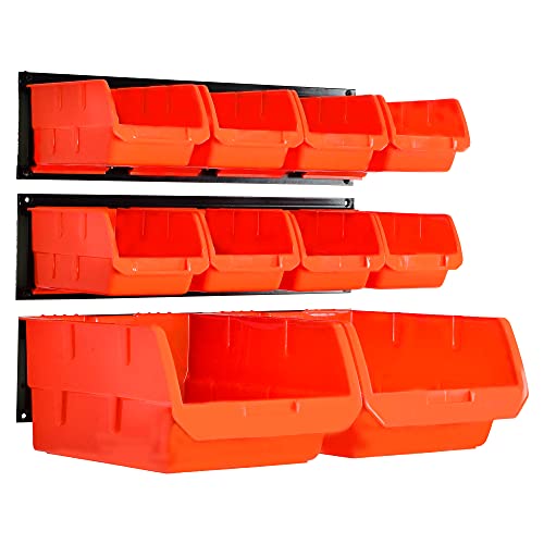 Image of Wallmaster Wall Mounted Storage Bins, Wall Storage Bins Parts Rack 10 Bins&3 Rails Wall Mount Tool Organizer Hardware Storage Organizer (Orange)