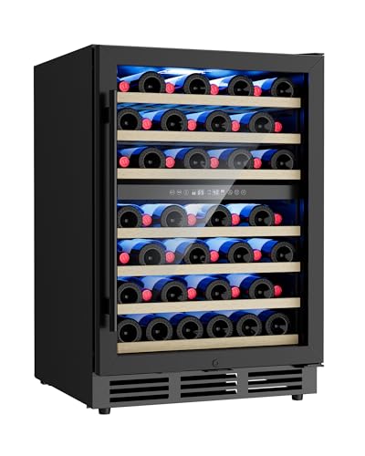 Image of 24 Inch Dual Zone Wine Fridge, 55-Bottle Wine Fridge Under Counter with Glass Door for Built-In or Freestanding, Wine Cooler Refrigerator with Removable Wooden Shelves, for Home /Bar /Office (Black)