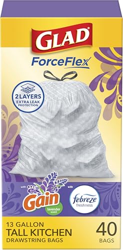 Glad ForceFlex Tall Kitchen Trash Bags, 13 Gallon, Gain Lavender, 40 Count (Package May Vary)