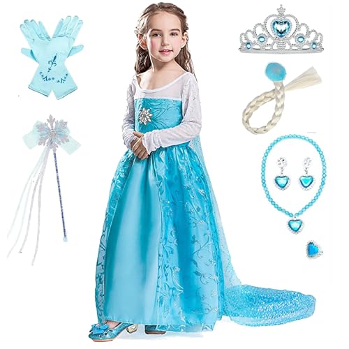 Timesun ELSA Mädchen Prinzessin Elsa Kleid Kostüm Karneval Cosplay Eisprinzessin Set aus Diadem, Handschuhe, Zauberstab, Perücke,Halskette,Ohrringe,Ringe,Handbag (Schneeflocken, 140)