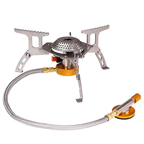 Rhino Valley Hornillo de Camping Plegable, Mini Estufa de Gas de Acero Inoxidable, Ligero y Portátil, con Encendido Piezo, para Camping al Aire Libre/Picnic/Mochilero/Senderismo Cover