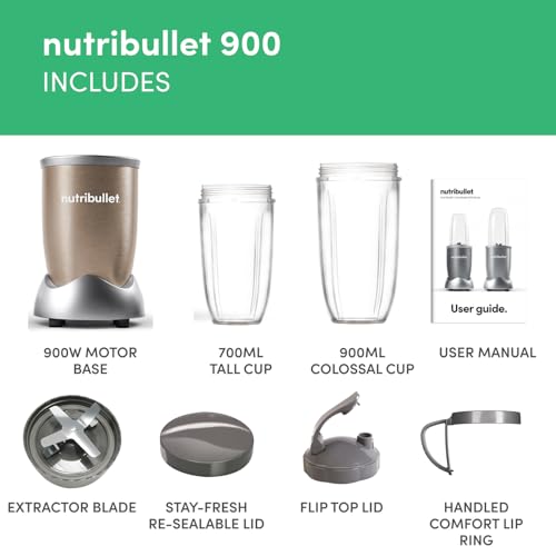 nutribullet Blender 900 Series - Powerful 24,000 RPM Extractor Blends Frozen Fruit, Nuts & Ice - 8 Piece Kit Includes Oversized Cup, Tall Cup, Handled Ring & 2 Lids - For Smoothies & Juices