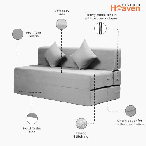 Image of Seventh Heaven Rejioce 3 Seater 5 * 6 Jute Fabric Washable Cover Sofa Cum Bed with 2 Cushions 3 Seater Double Foam Fold Out Sofa Cum Bed (Finish Color - Light Grey Delivery Condition - Pre-Assembled)