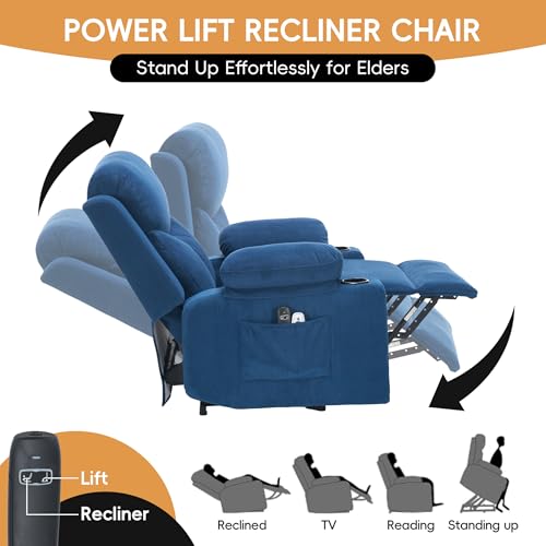 Image of Power Lift Recliner Chair for Elderly with Massage,Recliner Chairs for Adults with Remote,Electric Lift Chair with Side Pockets,USB & Type-C Charging for Living Room(NavyBlue)