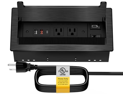Kungfuking Conference Table Power Hub, Caja Multipuerto Multimedia con 1 HDMI, 1 RJ45, 20W USB C, 2 USB A y 2 Tomas AC, Caja de Metal Resistente para Escritorio de Oficina UL Listada