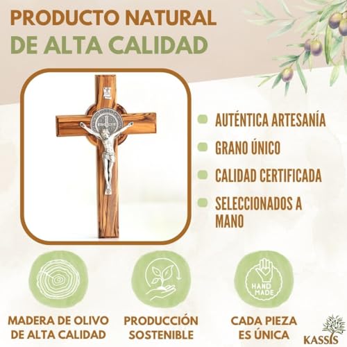 Miniatura 2 de Kassis Crucifijo De San Benito Hecho A Mano - Cruz De Pared De Madera De Olivo De 12 Cm - Regalo Sostenible Para Confirmación, Comunión Y Bautizo - Decoración Religiosa, Bendición Para El Hogar