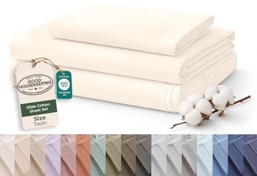 Image of ROYALE LINENS 100% Organic Cotton Twin Sheet Set - 16 inch Deep Pocket Bed Sheets - Eco Friendly Cream Bed Sheets - Sabanas Twin - 1 Flat, 1 Fitted & 1 Pillowcases - Cream Sheet Set - Cotton Bedding Sets