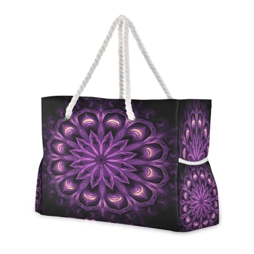 Purple Mandala 2 Beach Bag & Travel Tote Bag Large Sandproof with Zipper Closure, Wet Pouch for Swim Gym Travel, Lightweight Foldable Outdoor Bag