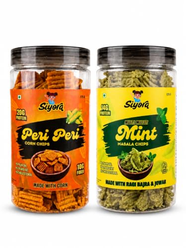 Image of SIYORA Peri Peri Corn Chips & Multi Millet Mint Chips Combo | Crunchy Baked Snacks | Spicy Peri Peri & Refreshing Mint Flavours | Millet & Corn Snack | Anytime Snacking | Pack of 2