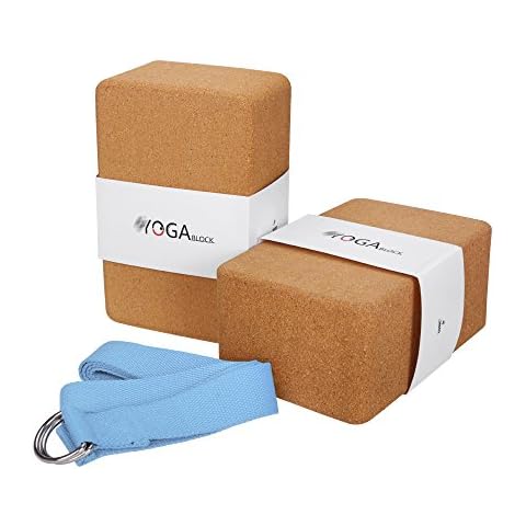 JBM 2 Pack Yoga Blocks with Strap Cork Yoga Block Yoga Brick, Heavy-duty Cork Yoga Block to Support and Deepen Poses Cover