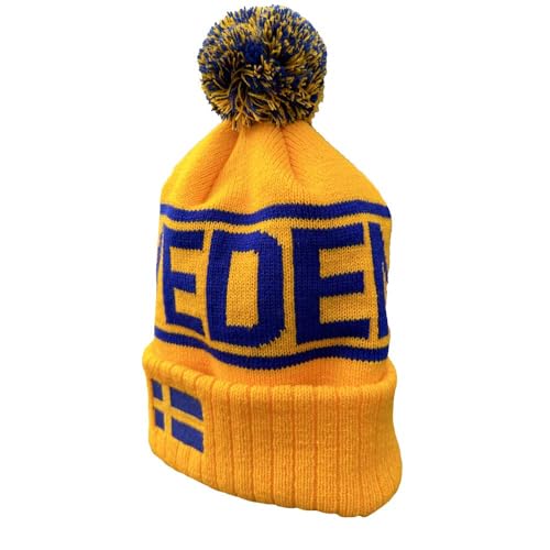 Sverige kläder Schweden Pompon Wintermütze – Gelb-Blaue Strickmütze mit Bestickter Schwedischer Flagge – Warme Retro Wintermütze, Unisex Einheitsgröße für Kaltes Wetter