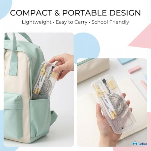 Image of FunBlast Rabbit Theme Compass Set - 7 Pcs Transparent Geometry Box with Protector, Set Squares, Ruler, Compasses, Ruler Set, Math Geometry Kit for Student & Professional (Yellow)