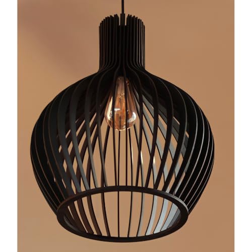 Luminária Pendente de Madeira MDF 28x34 cm Preta – Lustre Decorativo Moderno para Sala, Quarto e Jantar (Preto)