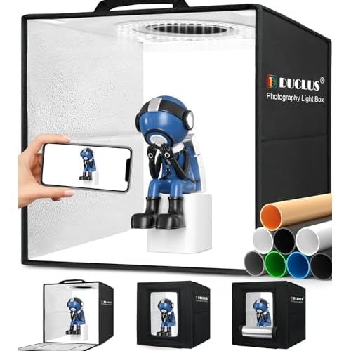 DUCLUS Caja de Fotos para fotografía, Caja de Fotos de 30 cm para fotografía de Productos, Juego de Mini Estudio fotográfico Plegable con 112 LED, 8 Fondos Lisos para Tienda de luz para Joyas Piezas