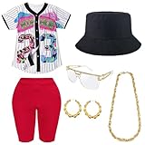 Gionforsy 80s 90s Outfit for Women, Hip Hop Rapper Costume Accessories Baseball Jersey Shirt Bucket Hat Yoga Pants Gold Chain (Red, X-Large)