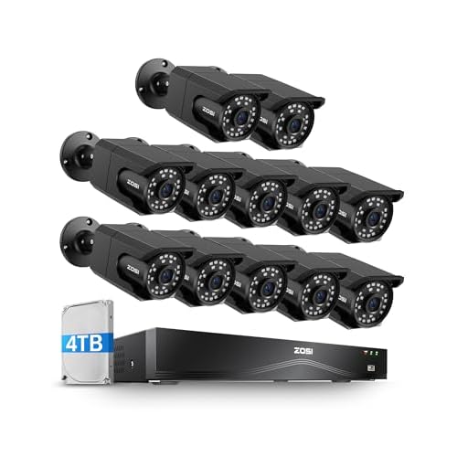 ZOSI 4K 16CH PoE Security Camera System, 12 x 8MP PoE IP Camera Outdoor Indoor with Human Detection, 100ft IR Night Vision, IP66 Weatherproof, 4K 16CH H.265+ NVR with 4TB HDD for 24/7 Audio