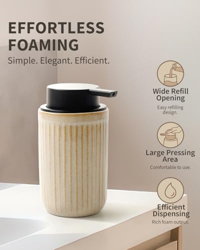 Image of BosilunLife Foam Hand Soap Dispenser - Ceramic Foaming Soap Dispenser for Bathroom 12oz Refillable Liquid Lotion Soap Dispenser with Rust-Proof Foaming Pump for Countertop, Greige