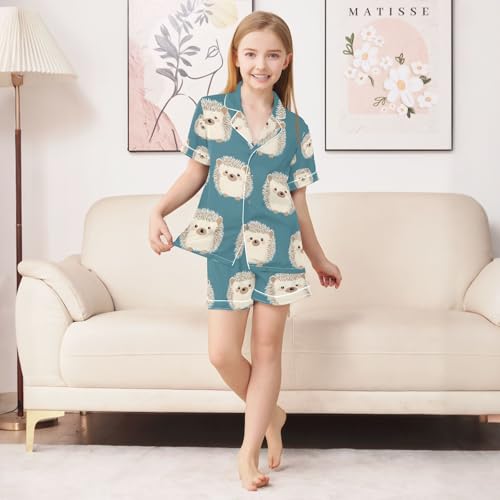 senya Gray Cute Hedgehog P Satin Summer Pajama Sets Silk Short Sleeve Button Down Sleepwear4
