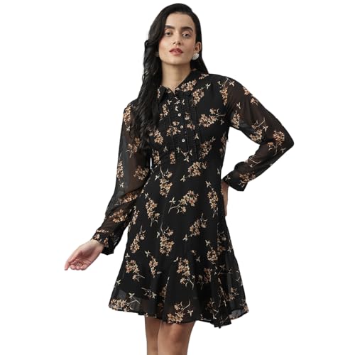 Image of Latin Quarters Women Black Casual Printed Full Sleeve Dres