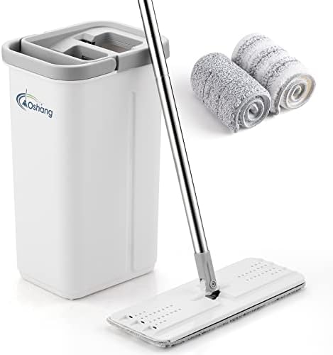 oshang Flat Floor Mop and Bucket Set OG3, Hands Free Home Floor Cleaning System, 60" Long Stainless-Steel Handle, 2 Washable & Reusable Microfiber Mop Heads, Perfect Home Wall Window Kitchen Cleaner