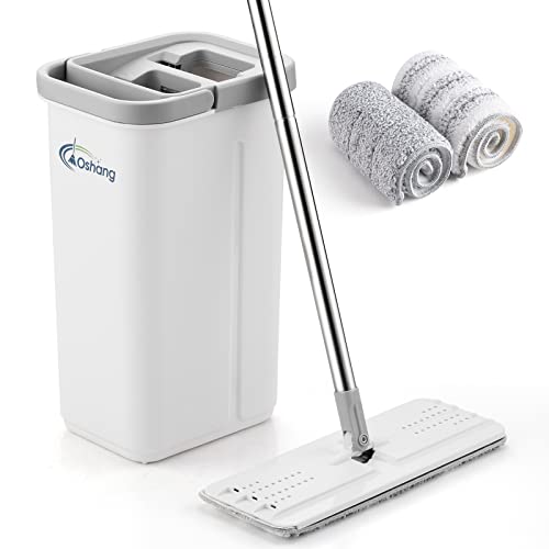 Product Image of the oshang Flat Floor Mop and Bucket Set OG3, Hands Free Home Floor Cleaning System, 60' Long Stainless-Steel Handle, 2 Washable & Reusable Microfiber Mop Heads, Perfect Home Wall Window Kitchen Cleaning