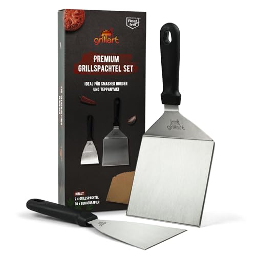 grillart® Premium Grillspachtel Set aus hochwertigem Edelstahl für Smashed Burger inkl. 30 Stk Burgerpapier – Grillspachtel für Plancha & Teppanyaki – Grillwender aus Edelstahl – ideale Grillzubehör