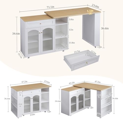 Image of LYNCOHOME 71.1 inch Rolling Kitchen Island with 360 Rotating Tabletop, Mobile Lockable Wheels & Adjustable Shelves, Multifunctional Storage Cart for Kitchen & Dining（White）