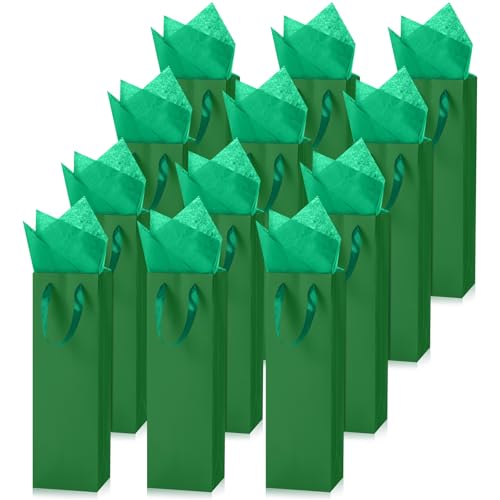 Zonon 12 Pcs Wine Bottle Gift Bag with Handles Tissue Paper, Dark Green
