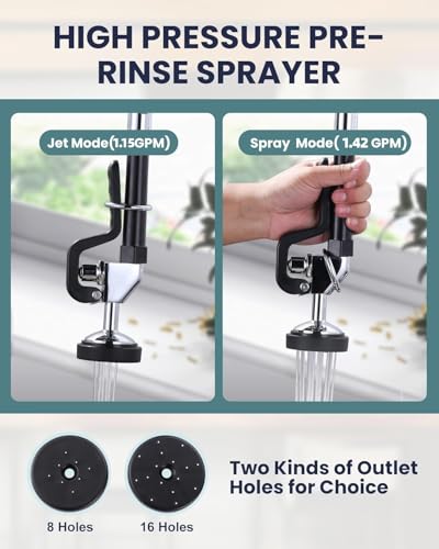 Image of 25 inch Height Commercial Faucet Wall Mount with Sprayer 8 inch Adjustable Center 9.6 inch Swing Spout, Kitchen Sink Faucet with Pull Down Pre-Rinse Sprayer for Restaurant Industrial Kitchen, Chrome