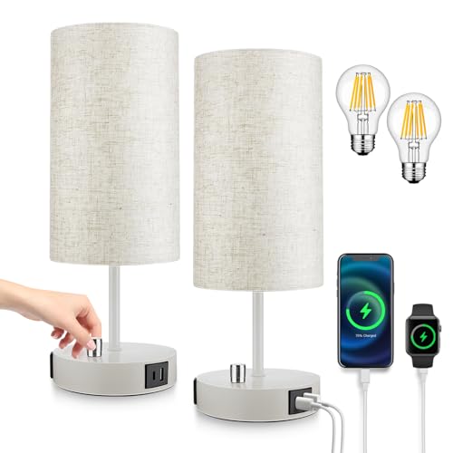 Bedside Table Lamps Set of 2, Fully Dimmable Nightstand Lights with USB A+C Charging Ports & AC Outlet, Modern White Desk Lamp for Bedroom Living Room (800LM E26 Bulbs Included) Set of 2 Whi