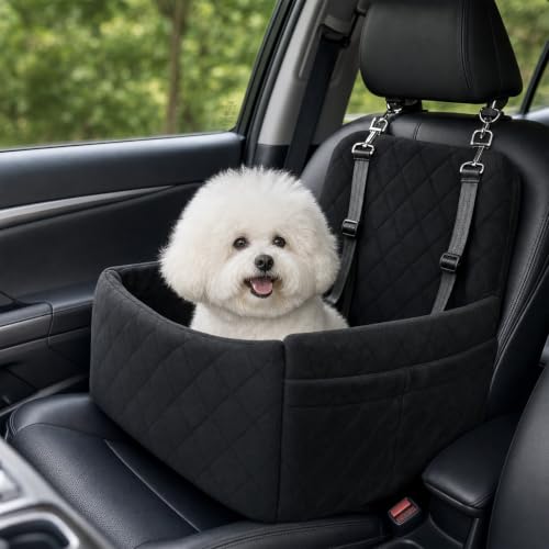 Seggiolino auto per cani di piccola taglia, seggiolino rialzo con 2 cinture di sicurezza, rialzo con memory per cuccioli, cuccia per cani per auto, 45 x 45 x 34 cm