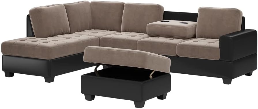 Camden Brown Velvet L-Shaped Sectional Sofa with Reversible Chaise and with Storage Ottoman
