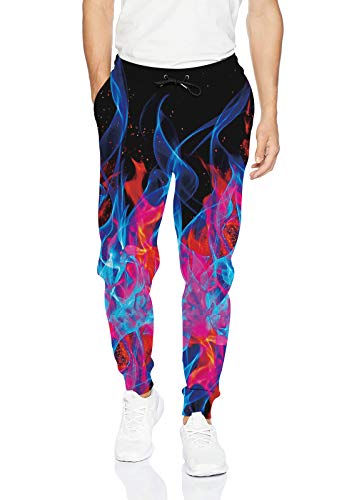 uideazone 1980S Unisex Mens Joggers Colorful Purple Blue Fire Flame Printing Elastic Waist Tracksuit Sweatpants Sports Gym Leggings Jogger Pants for Yougth Spring Summer Active Windbreaker Pants
