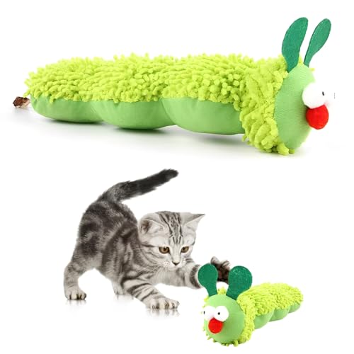 NVTEGR 2 Pcs Catnip Toys for Cats, Caterpillar Cat Toy, Plush Fun Interactive Bite-Resistant Cat Toys, Built-in Catnip Indoor Cat Chew Toy for Teeth Cleaning Chewing Playing (Green)