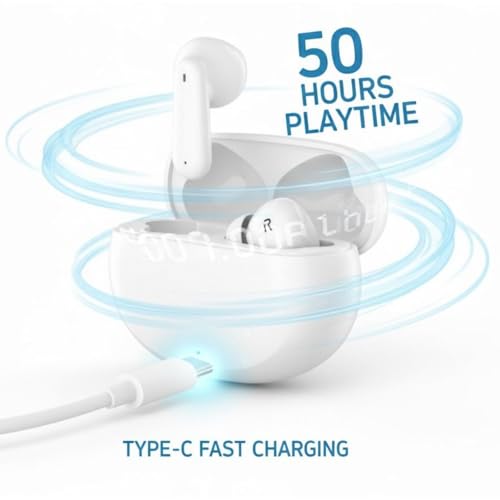 Image of Buds 3 TWS with ENC Bluetooth V5.4 Wireless Headphones, 40Hrs Playtime, Deep Bass, Low Latency, Stereo Calls, Snug-fit Earbuds, Smooth Touch Control & Fast Charging (White)