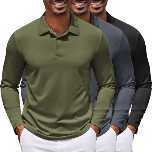 COOFANDY 3 Pack Golf Shirts for Men Moisture Wicking Polo Shirts Long Sleeve Sun Protection Shirt Black & Dark Grey & Army Green Large