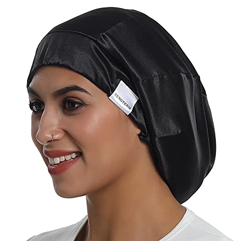 SENGTERM Satin Bonnet Adjustable Sleep cap Double Layered Hair Bonnet Silky Cap for Women Curly Natural Long Hair (L, Black)