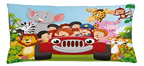 Lunarable Animals Throw Pillow Cushion Cover, Happy Little in Car Surrounded with Funny Zoo Jungle Animals, Decorative Square Accent Pillow Case, 36