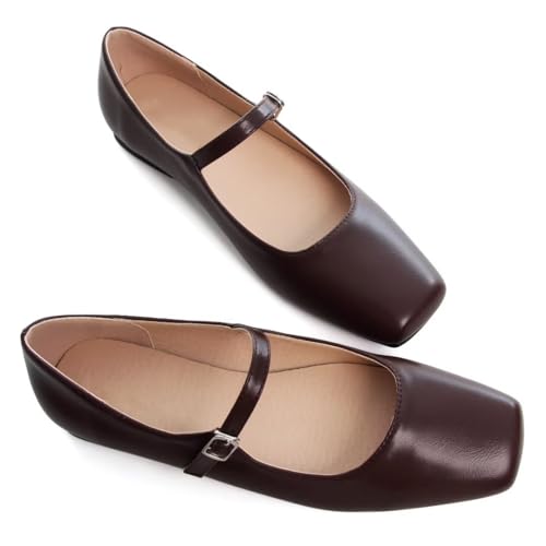 Image of TN TANGNEST Leather Flats for Women Retro Mary Jane Flats | Comfortable Square Toe Slip On Flats with Buckle Strap, Soft Work Flats Office Shoes