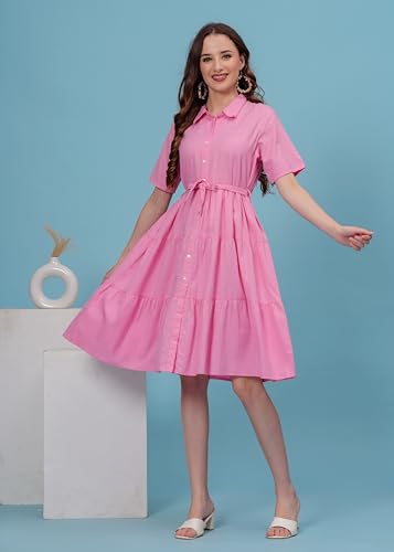 Image of Collar Neck Short Sleeve Stylish Midi Dress for Women | |Western Dresses (Pink)