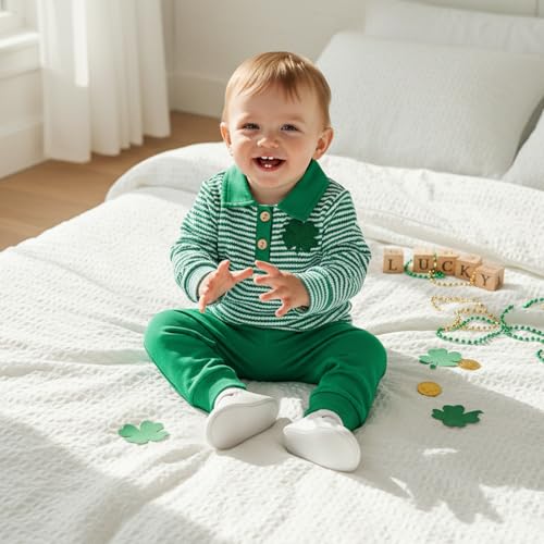Image of Toddler Baby Boy St Patricks Day Outfit Infant Lucky Clover Sweatshirt Pants Set Little Kids Spring Warm Clothes